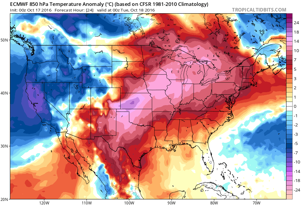 Much of Texas and the Midwest is under high pressure that is creating record warm weather for mid-October. (Tropical Tidbits)