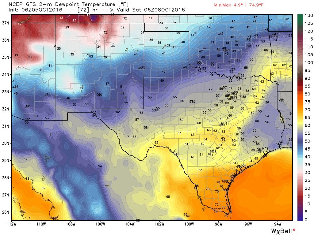 We should see some lower dewpoints by Friday evening or so. (Weather Bell)