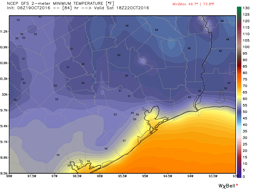 Saturday morning's forecast low temperatures per the GFS model. (Weather Bell)