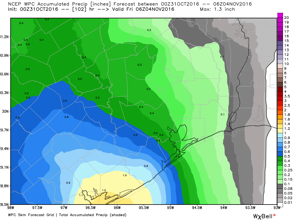 The rain accumulation forecast for this week shows the best chances to the southwest of Houston. (Weather Bell)