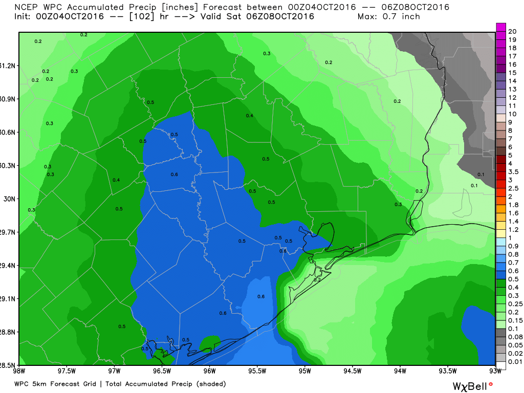 NOAA rain accumulation forecast for now through Saturday morning. (Weather Bell)