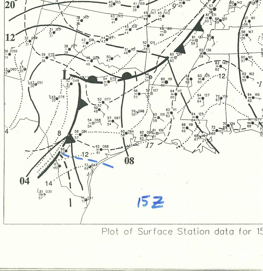 A zoomed in surface analysis from 10 AM on Saturday, November 21, 1992. (Lance Wood/NWS Houston)
