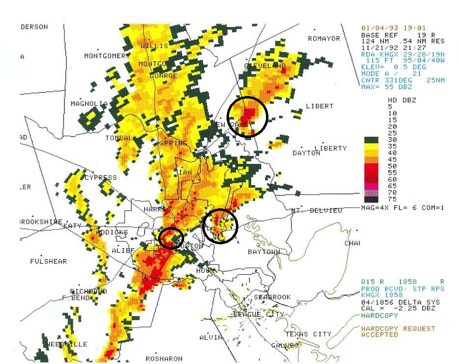A larger view of the composite radar image above, with the three concurrent tornadoes circled. (Lance Wood/NWS Houston)