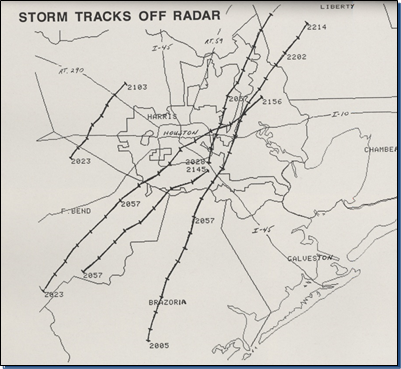 Radar-derived storm tracks from November 21, 1992, in the first days of our current Doppler Radars. (Lance Wood/NWS Houston)