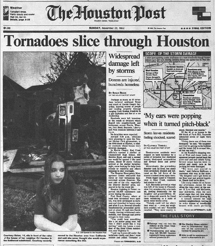 Front page of the Houston Post, the day after the outbreak, November 22, 1992. (Rice Fondren Library)