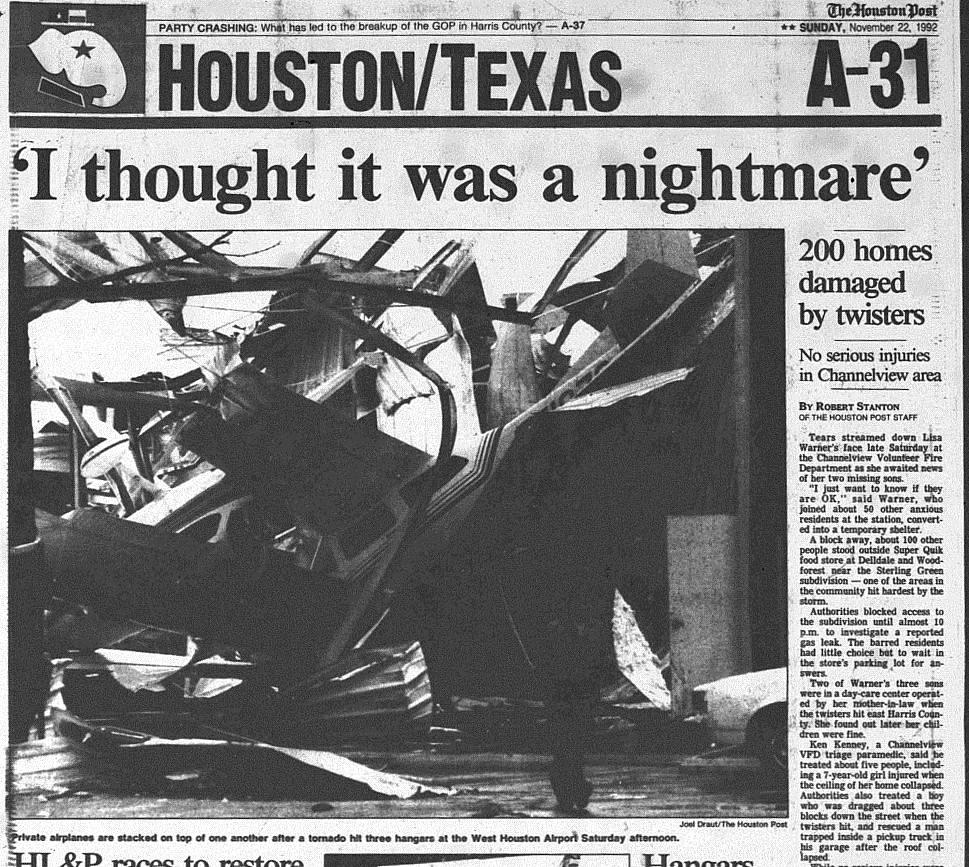 Damage and headlines from West Houston the morning after. (Houston Post/Rice Fondren Library)