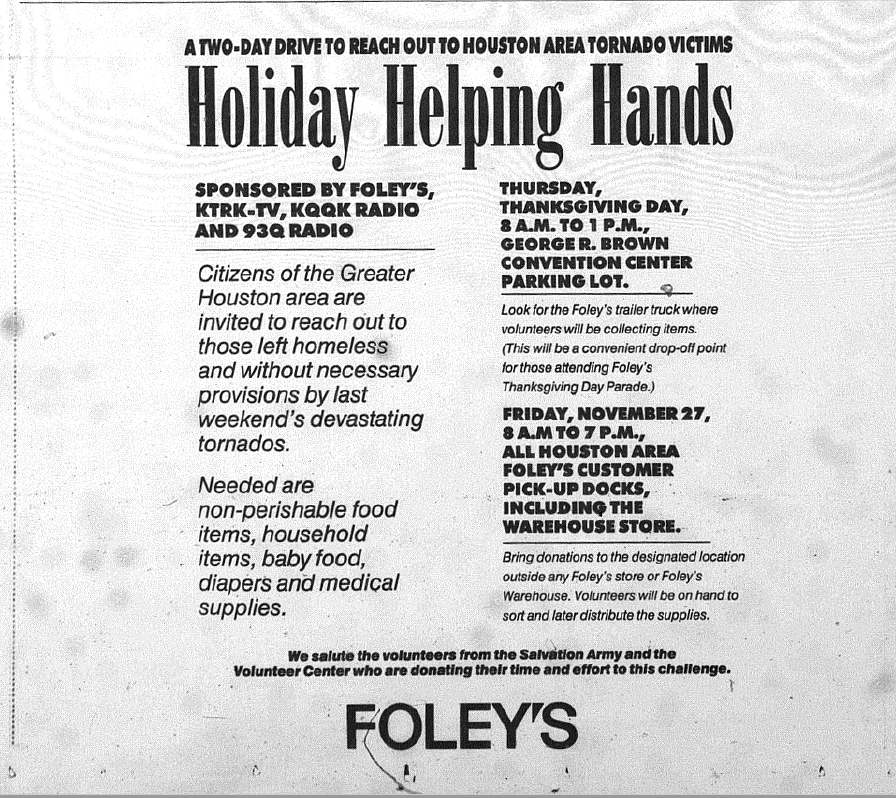 Ad in Houston Chronicle for a tornado relief drive hosted by Foley's Department Store. (Rice Fondren Library)