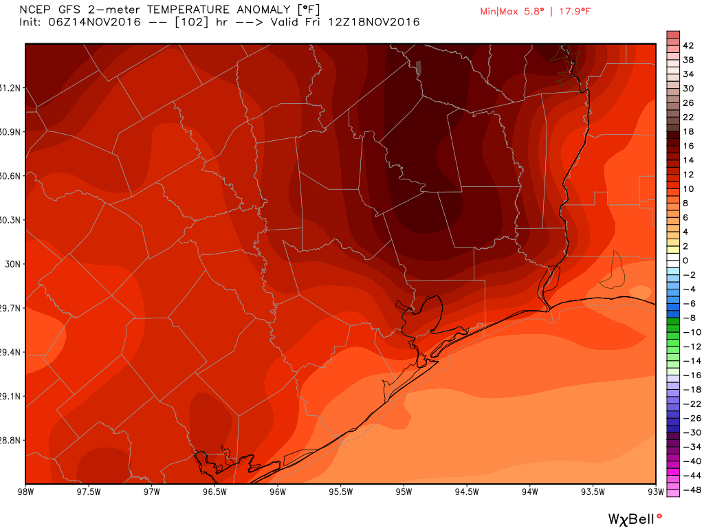 Friday morning's low temperatures will be 10 to 12 degrees above normal. (Weather Bell)