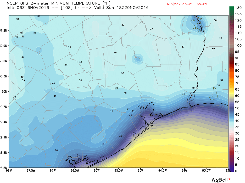 The GFS model offers a snapshot of how low lows could go on Sunday morning. (Weather Bell)