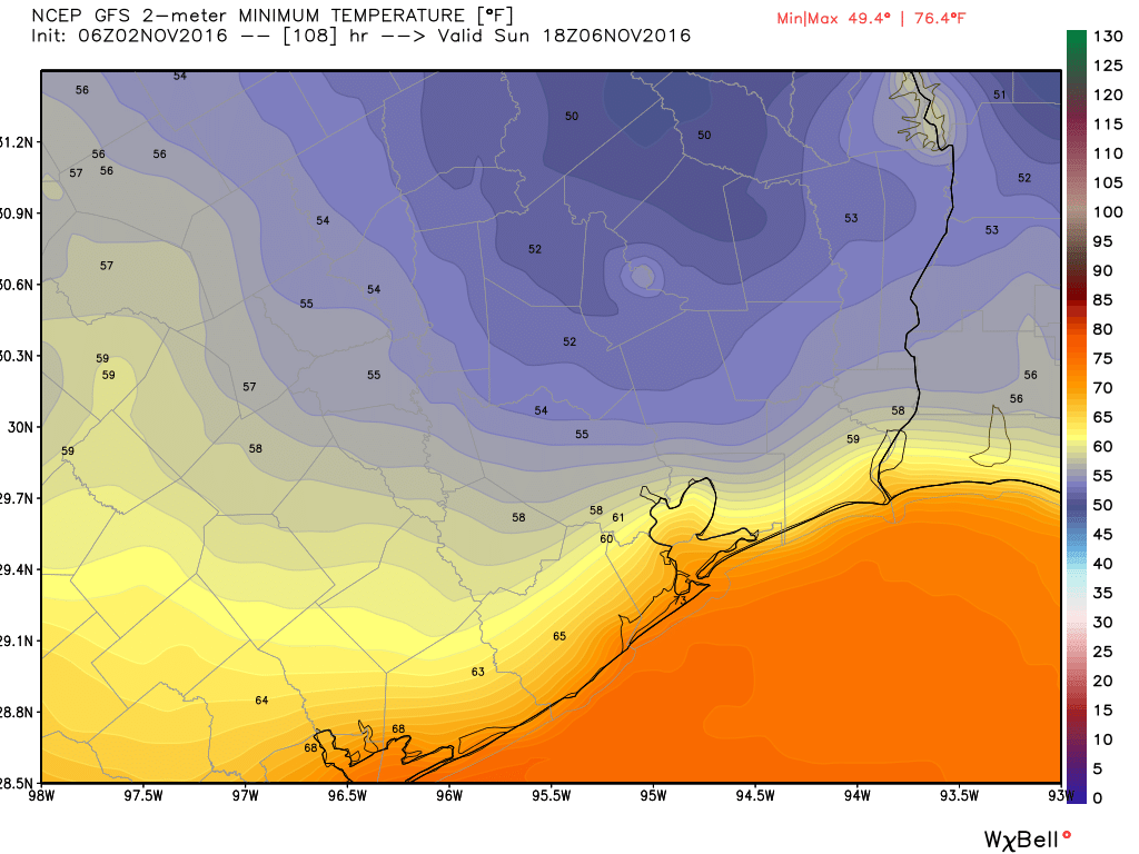 Sunday morning low temperatures, per the GFS model. (Weather Bell)