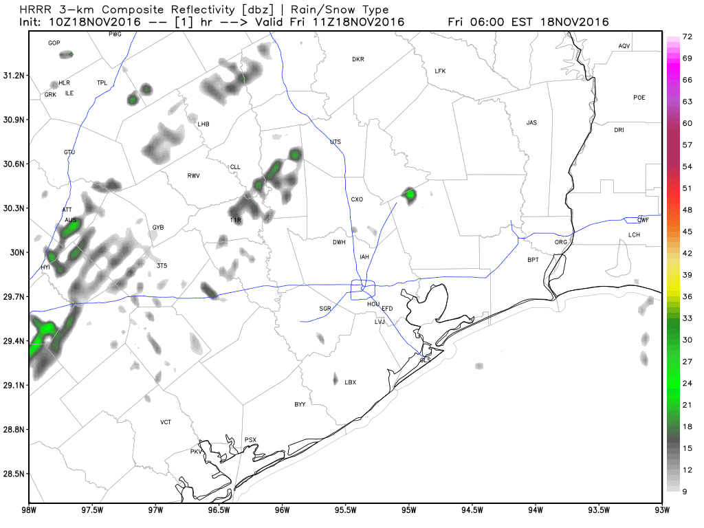 Radar forecast for today shows a line of showers and storms pushing northwest to southeast across the Houston area from late morning through mid-afternoon. (Weather Bell)