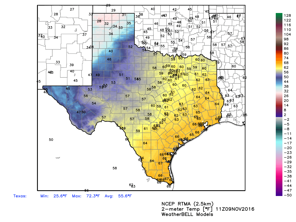 Cooler air is coming to Houston today, but it's lagging behind the front this morning. (Weather Bell)