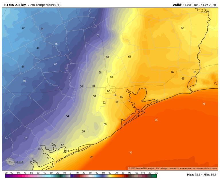 Front moves into Houston, and stops. Stronger push coming Wednesday