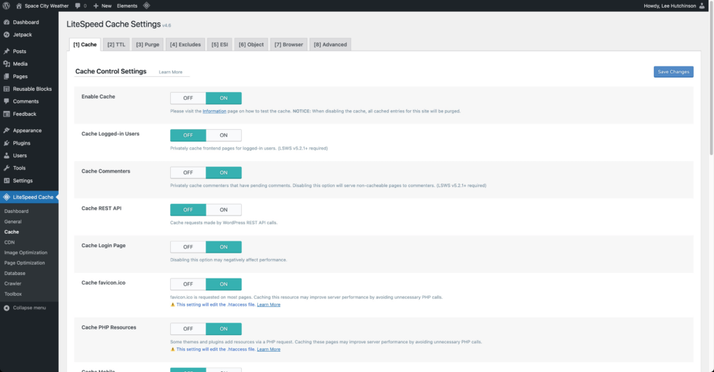 Screenshot of LiteSpeed ​​Cache settings page