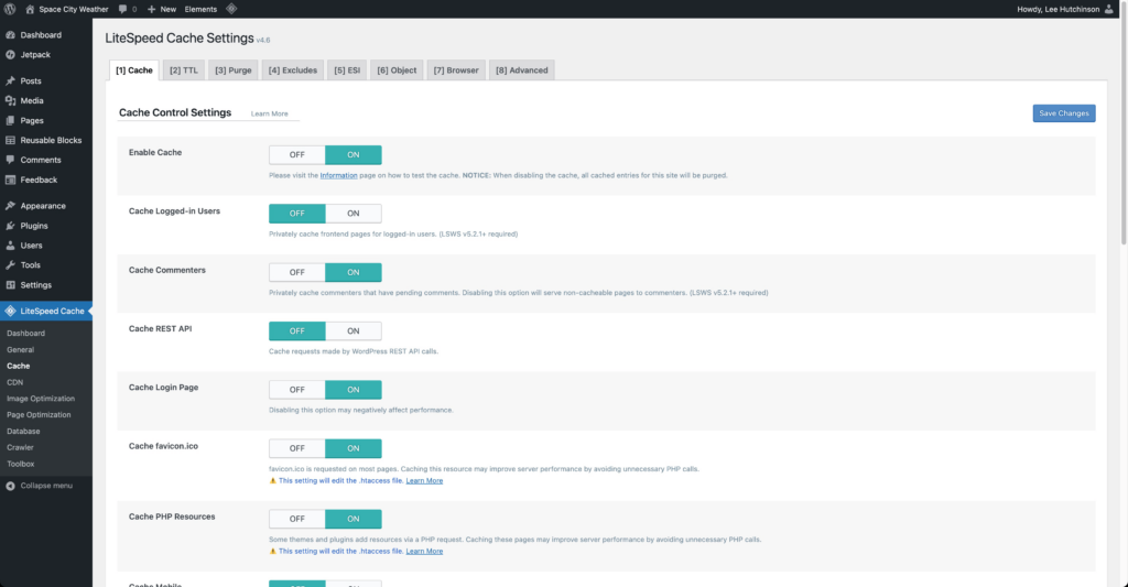 Screenshot of the LiteSpeed Cache settings page