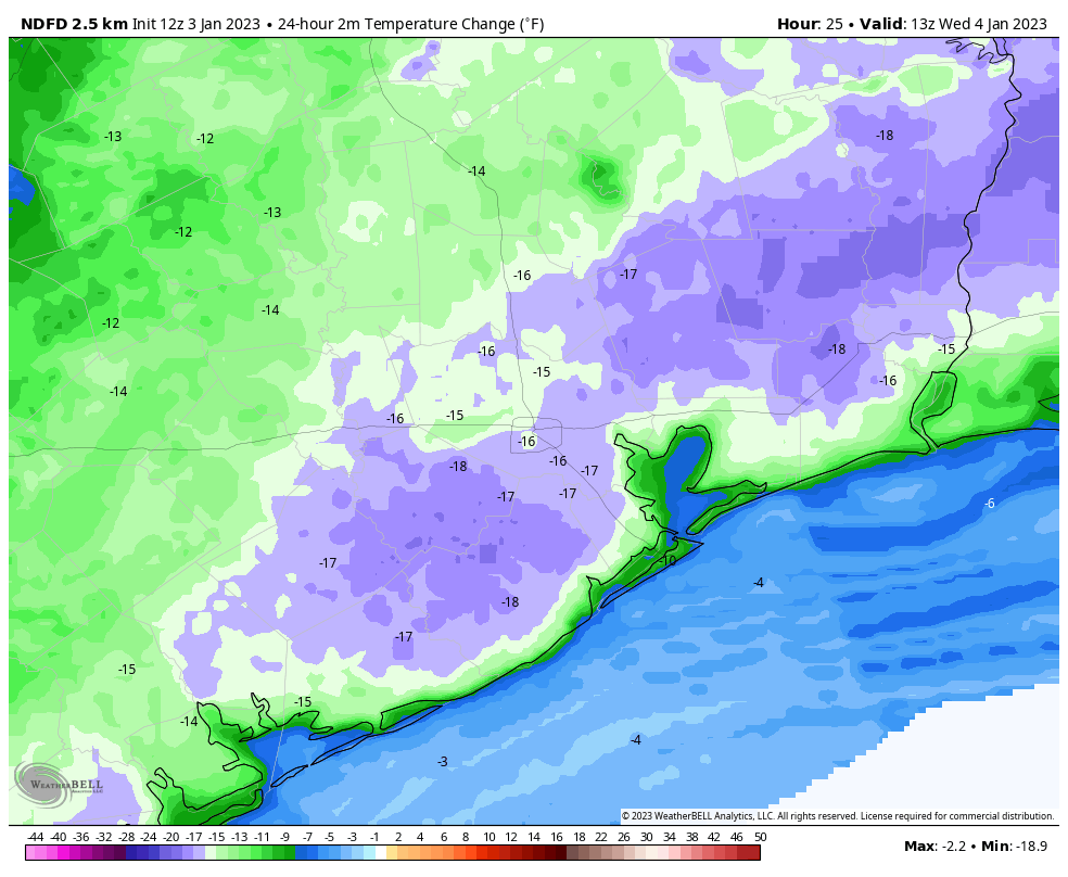 Houston S Early 2023 Humidity Will Break At This Time With The Passage   Ndfd Houston Temp Change 24hr 2837200 