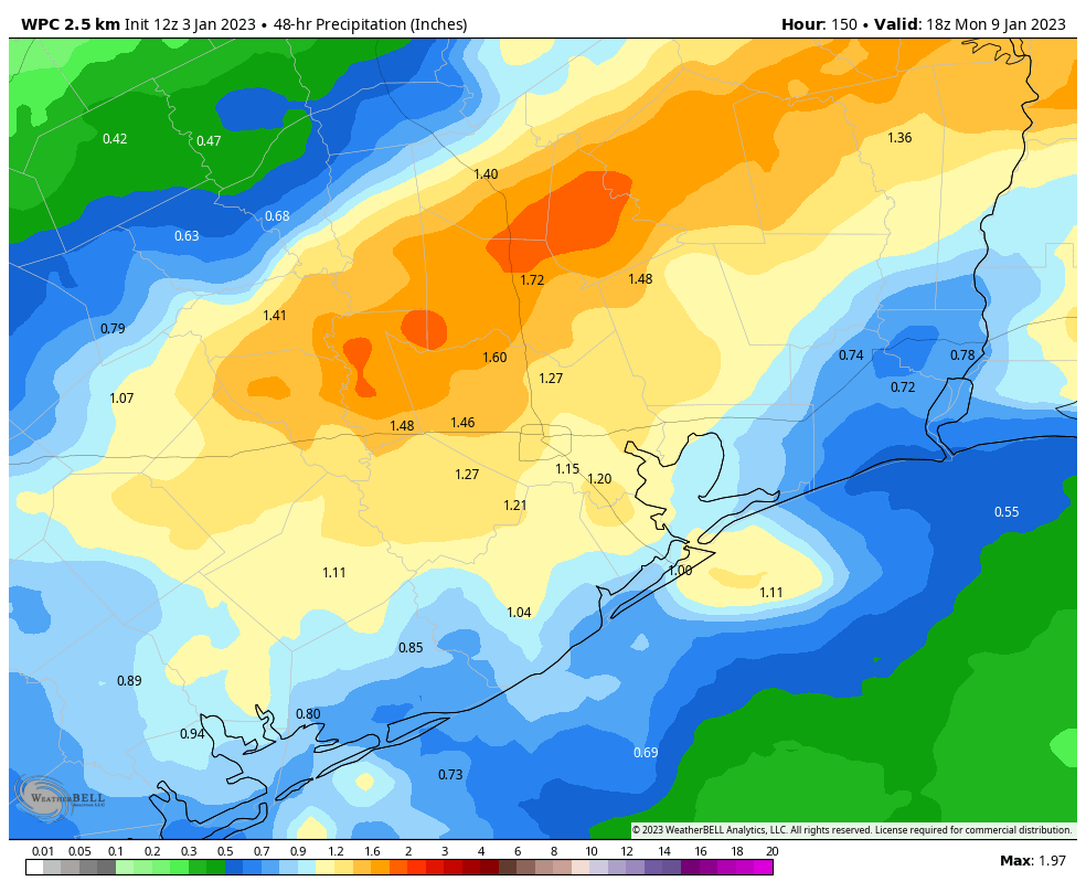 Houston S Early 2023 Humidity Will Break Today With The Passage Of A   Wpc Houston Precip 48hr Inch 3287200 