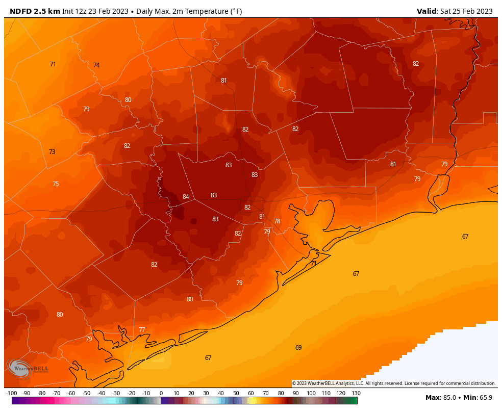 Houston S Heat Continues With A Definite Lack Of Rainfall Area   Ndfd Houston T2m F Max Last24 7283200 